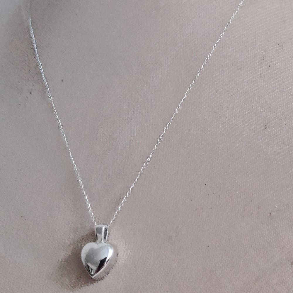 Solid 14K White Gold Puffed Heart Necklace